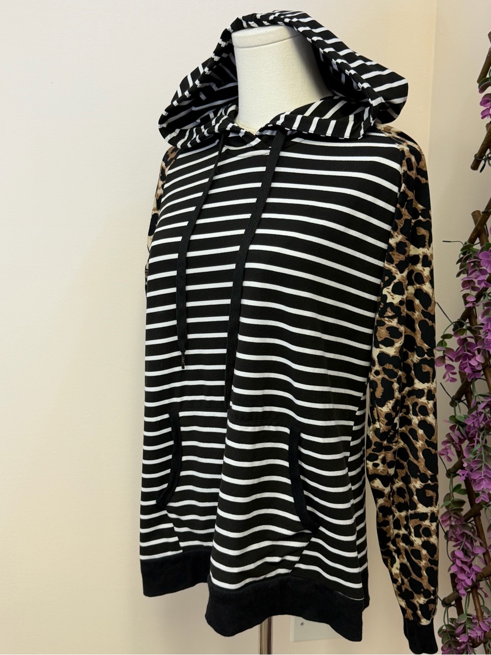 Lildy Super Soft Women’s Black & White Striped Hoodie with Leopard Sleeves